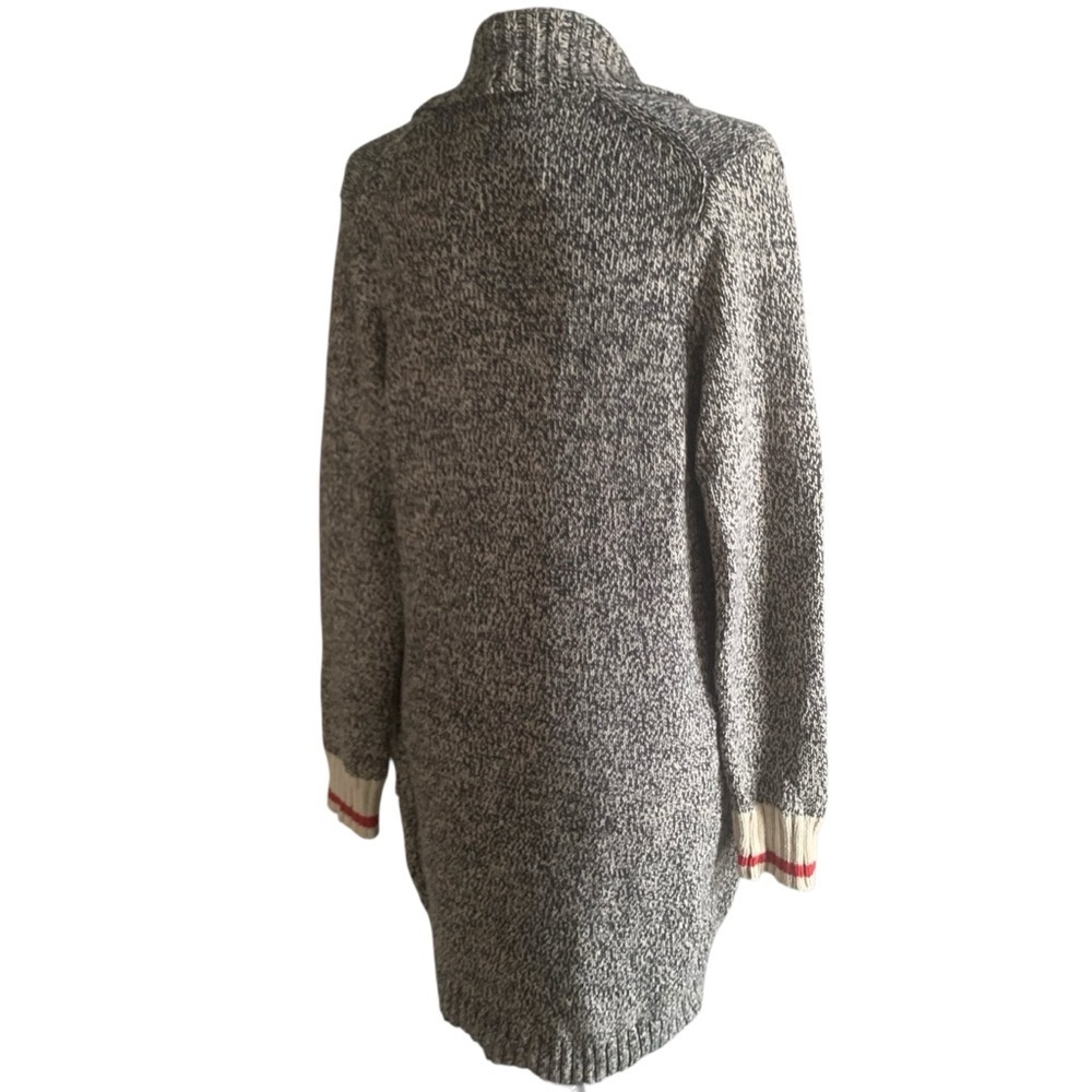 Roots Cabin Sweater Coat 3/4 Length Shawl Salt Pepper Knit Taupe, Red Cuff XS - Picture 8 of 12